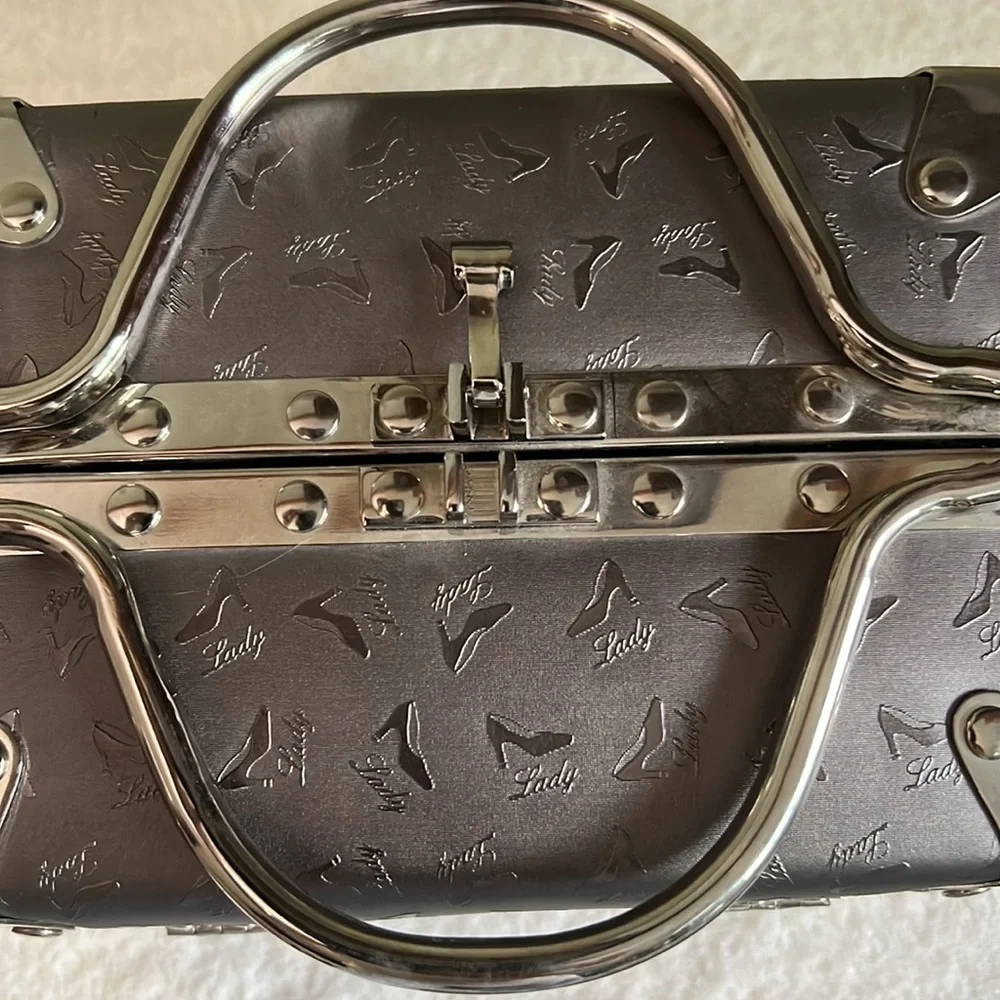Designer Inspired Train Case With Silver Fabric With Shoe Detail Metal Clasp